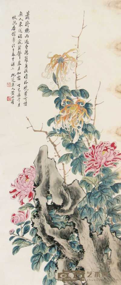 黄山寿 丁巳（1917年）作 菊石 立轴 138×59cm